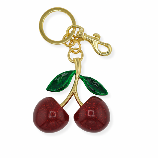Cherry Keychain – Red with Green Leaves