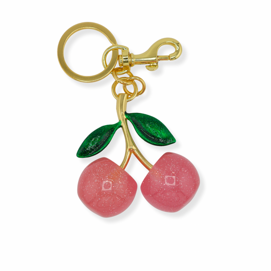 Cherry Keychain – Light Pink with Green Leaves